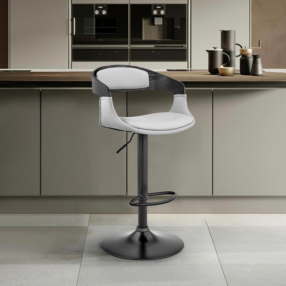 Benson Adjustable Gray Faux Leather and Black Wood Bar Stool with Black Base. Picture 6