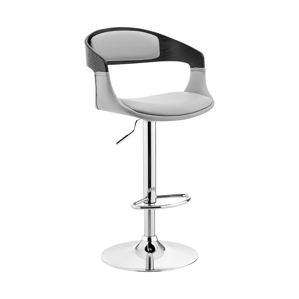 Benson Adjustable Gray Faux Leather and Black Wood Bar Stool with Chrome Base. Picture 1