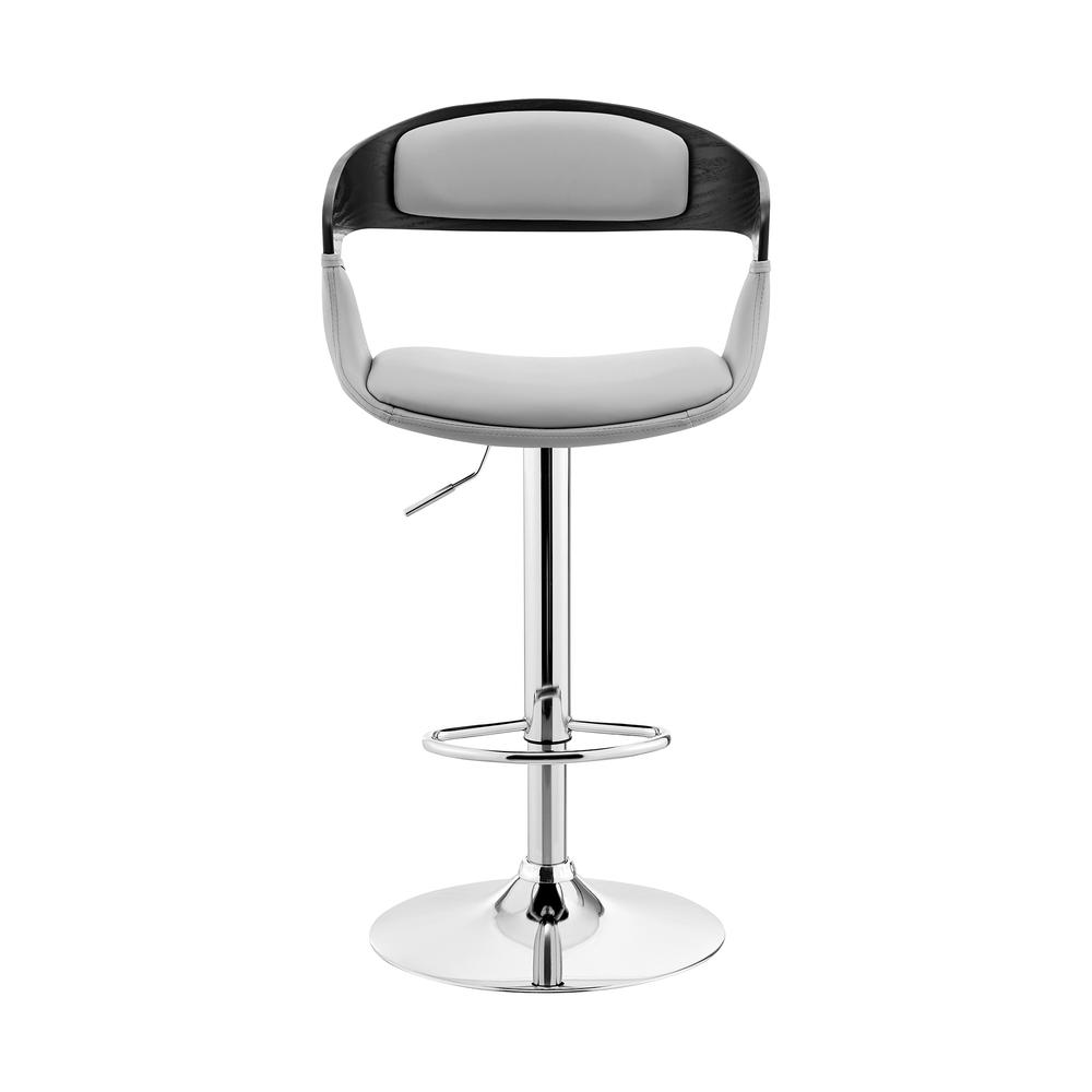 Benson Adjustable Gray Faux Leather and Black Wood Bar Stool with Chrome Base. Picture 2
