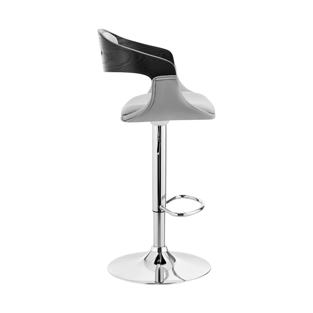 Benson Adjustable Gray Faux Leather and Black Wood Bar Stool with Chrome Base. Picture 3