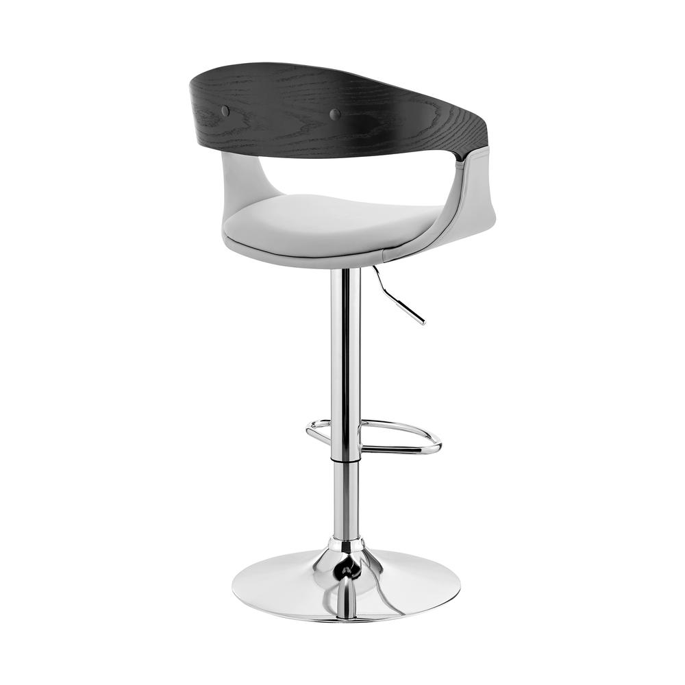 Benson Adjustable Gray Faux Leather and Black Wood Bar Stool with Chrome Base. Picture 4