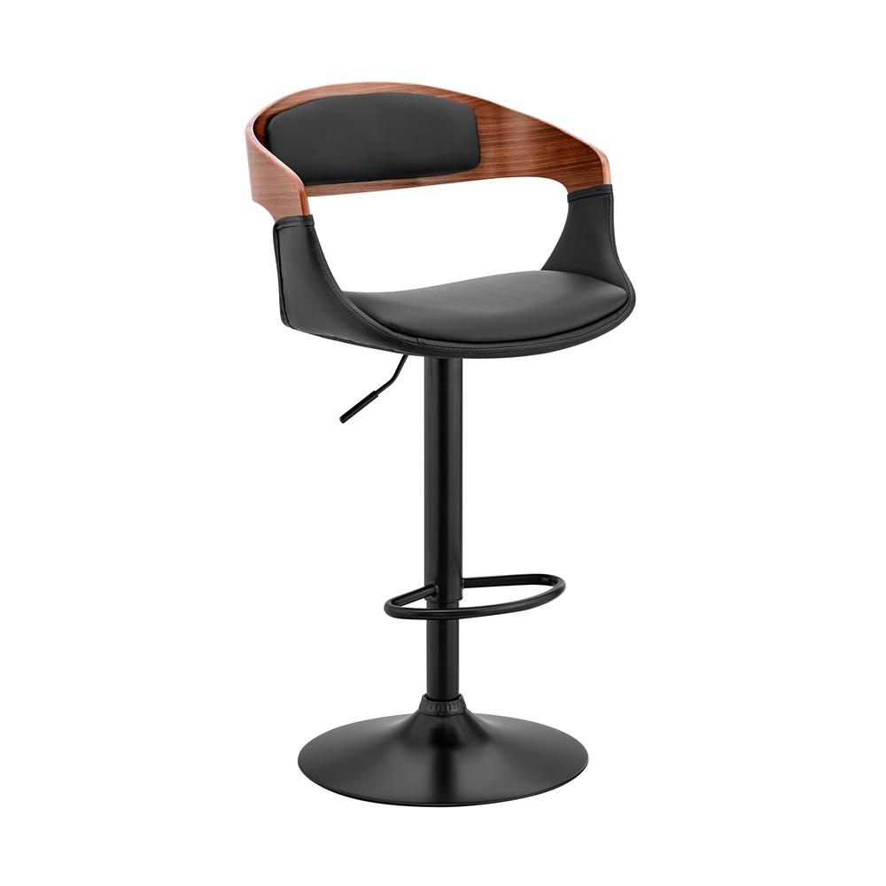 Benson Adjustable Black Faux Leather and Walnut Wood Bar Stool with Chrome Base. Picture 1