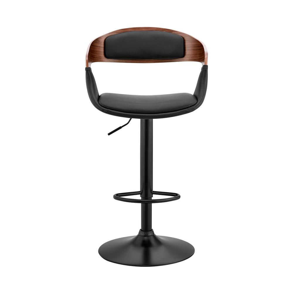 Benson Adjustable Black Faux Leather and Walnut Wood Bar Stool with Chrome Base. Picture 2