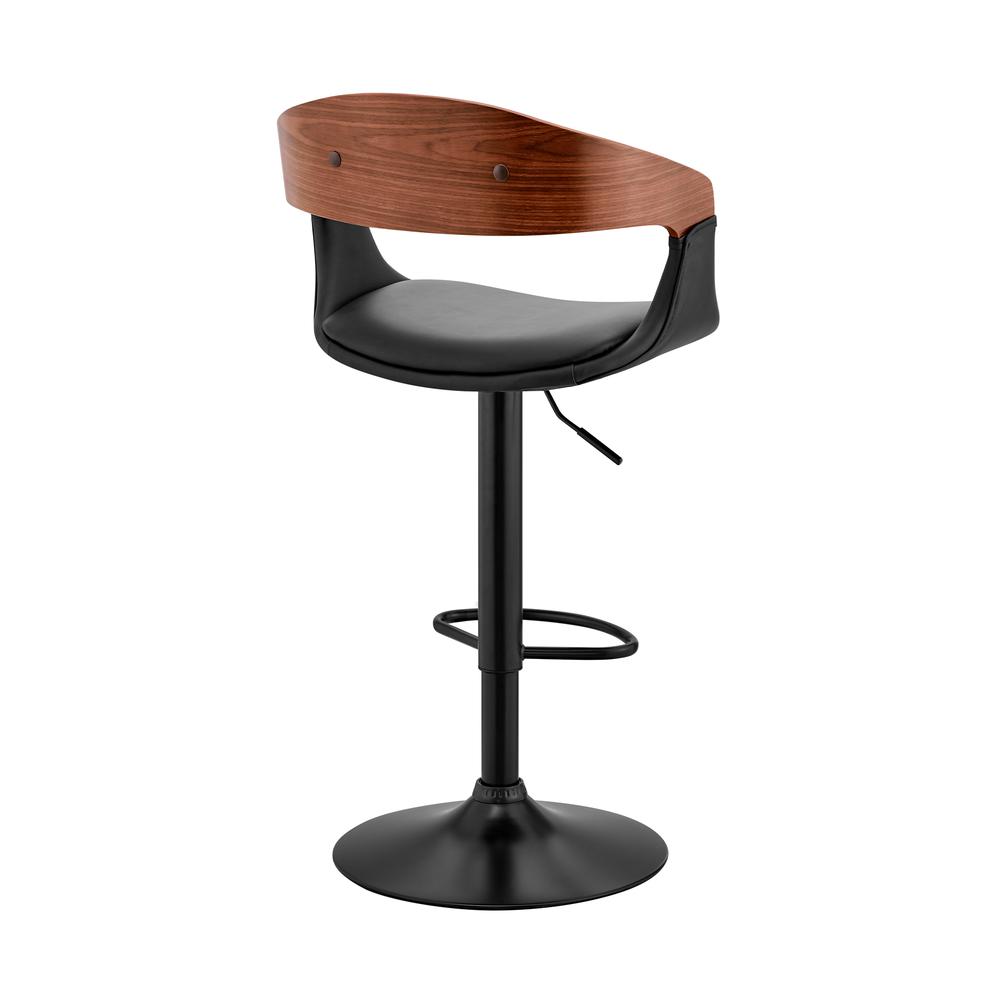 Benson Adjustable Black Faux Leather and Walnut Wood Bar Stool with Chrome Base. Picture 4