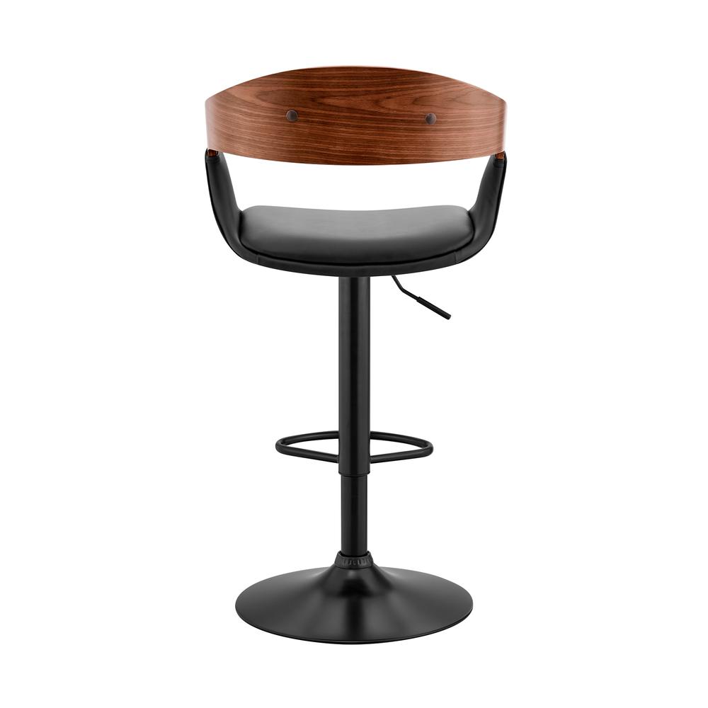 Benson Adjustable Black Faux Leather and Walnut Wood Bar Stool with Chrome Base. Picture 5