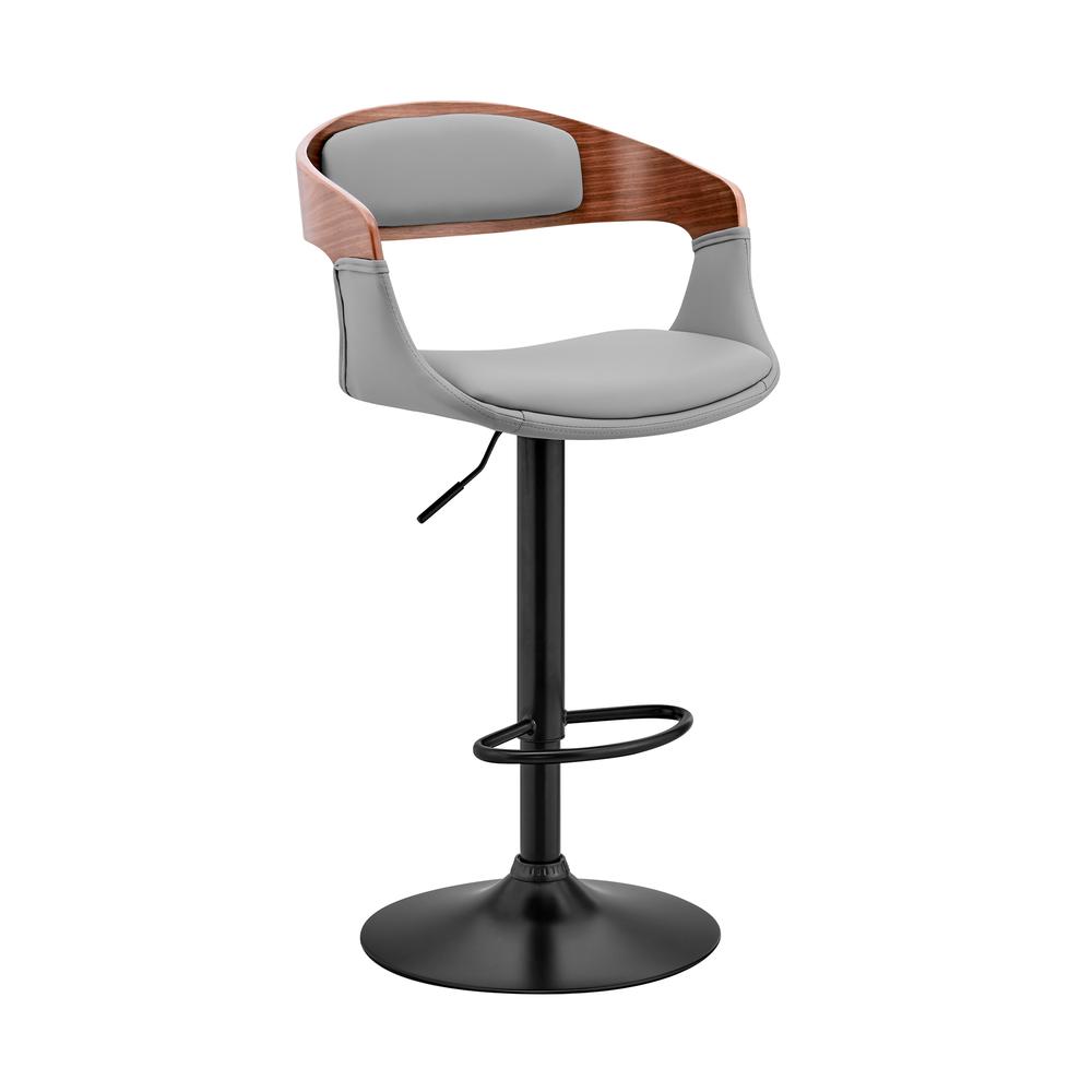 Benson Adjustable Gray Faux Leather and Walnut Wood Bar Stool with Black Base. The main picture.