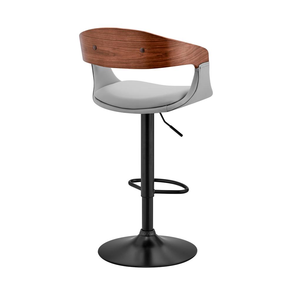 Benson Adjustable Gray Faux Leather and Walnut Wood Bar Stool with Black Base. Picture 4