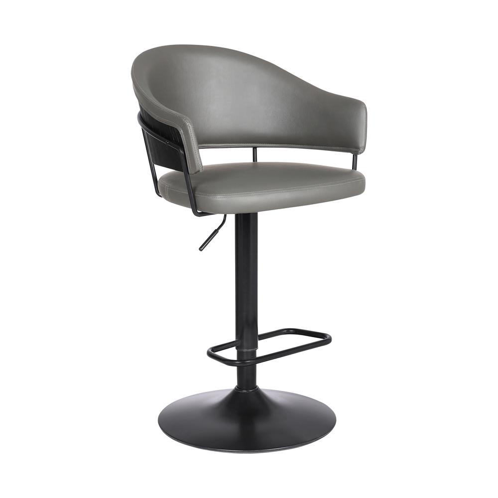 Brody Adjustable Gray Faux Leather Swivel Barstool In Black Powder Coated Finish. Picture 1