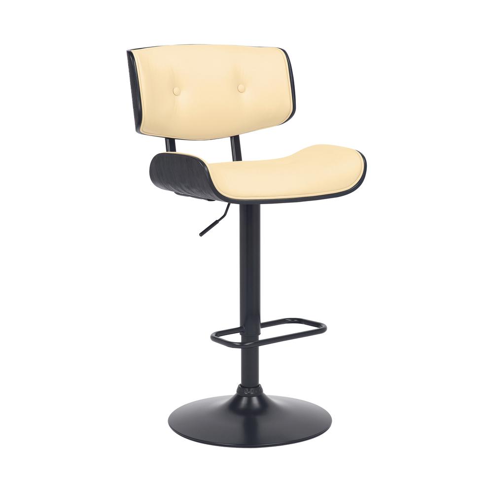 Brooklyn Adjustable Swivel Cream Faux Leather and Black Wood Bar Stool with Black Base. Picture 1