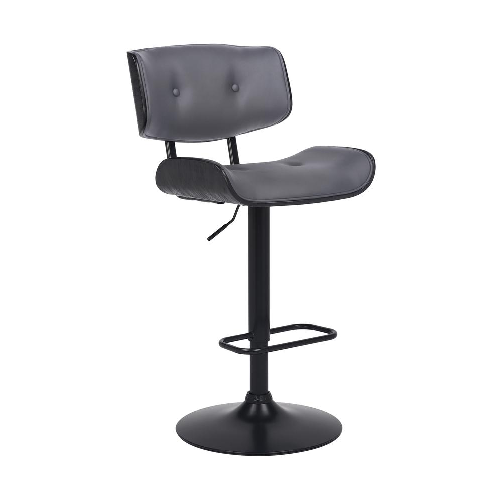 Brooklyn Adjustable Swivel Grey Faux Leather and Black Wood Bar Stool with Black Base. Picture 1
