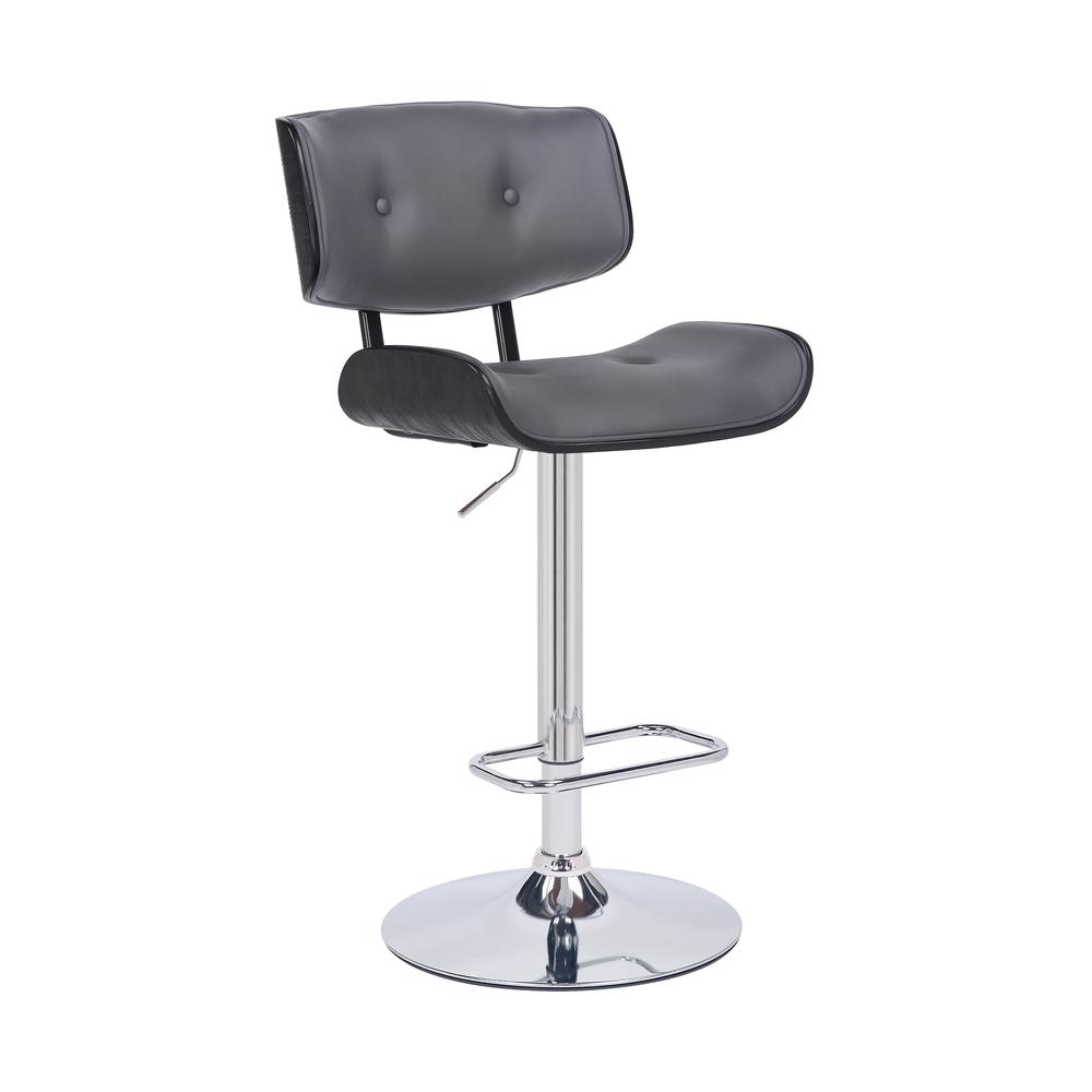 Brooklyn Adjustable Swivel Grey Faux Leather and Black Wood Bar Stool with Chrome Base. Picture 1