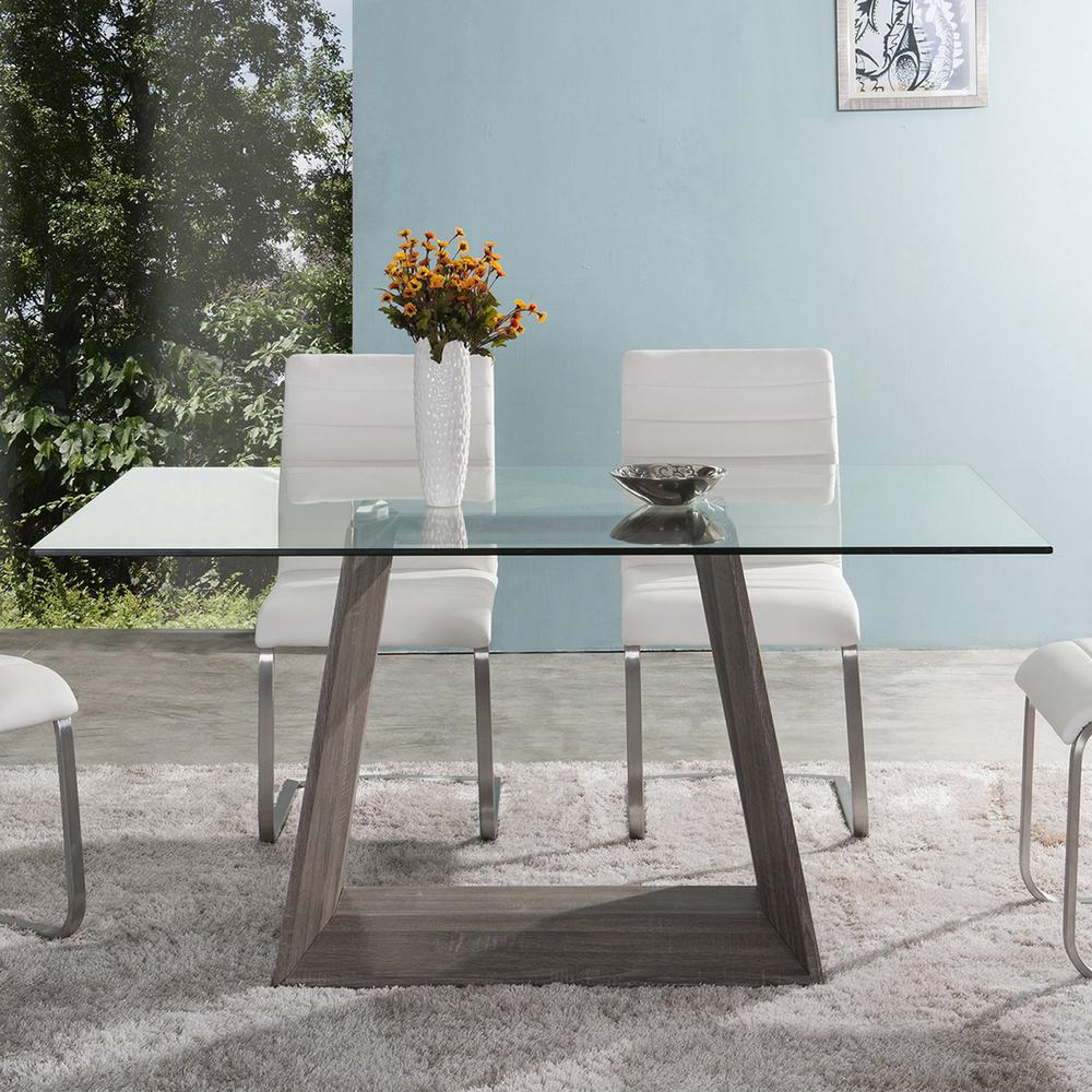 Armen Living Bravo Contemporary Dining Table In Dark Sonoma Base With Clear Glass. Picture 2