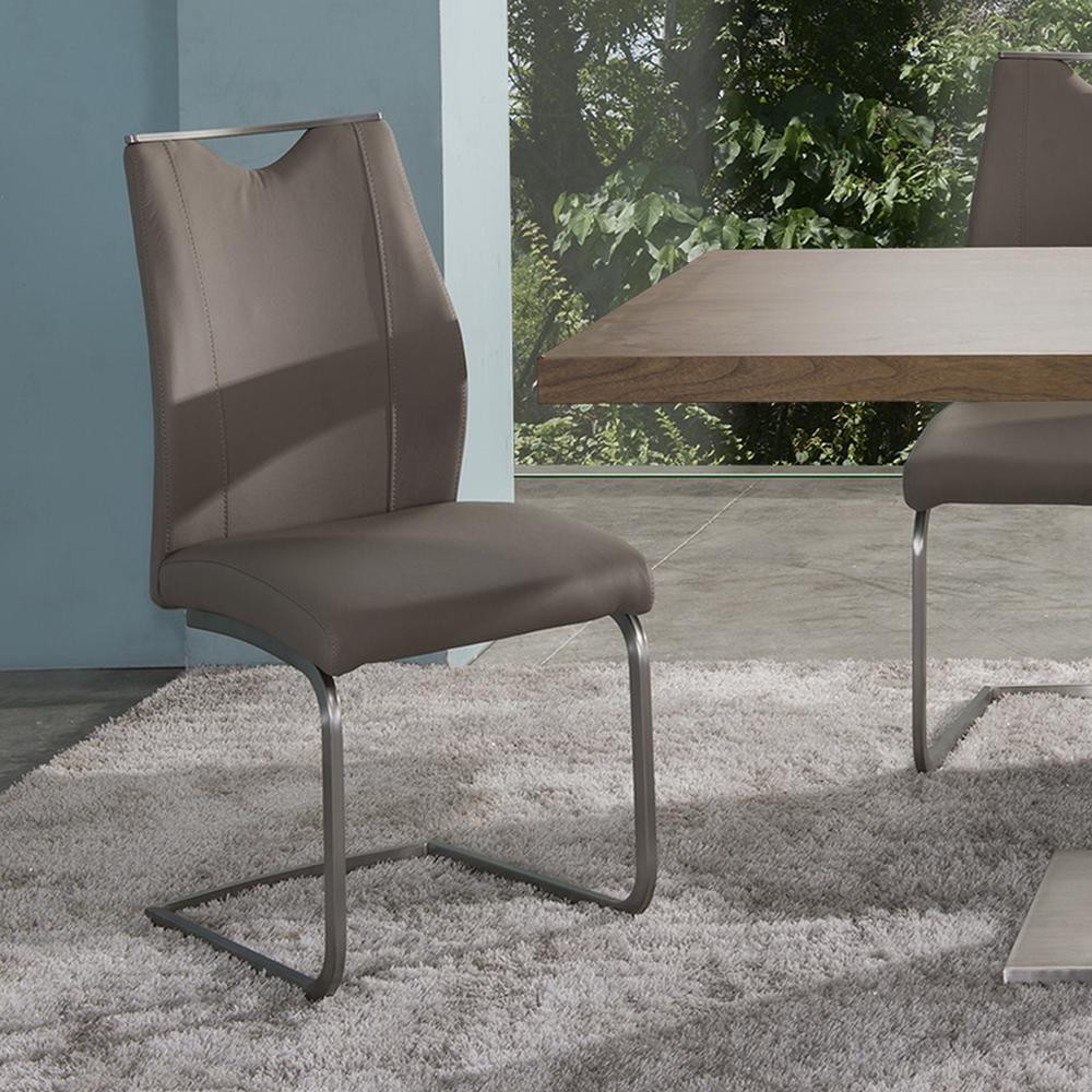 Contemporary Dining Chair In Coffee Faux Leather and Brushed Stainless Steel Finish - Set of 2. Picture 2