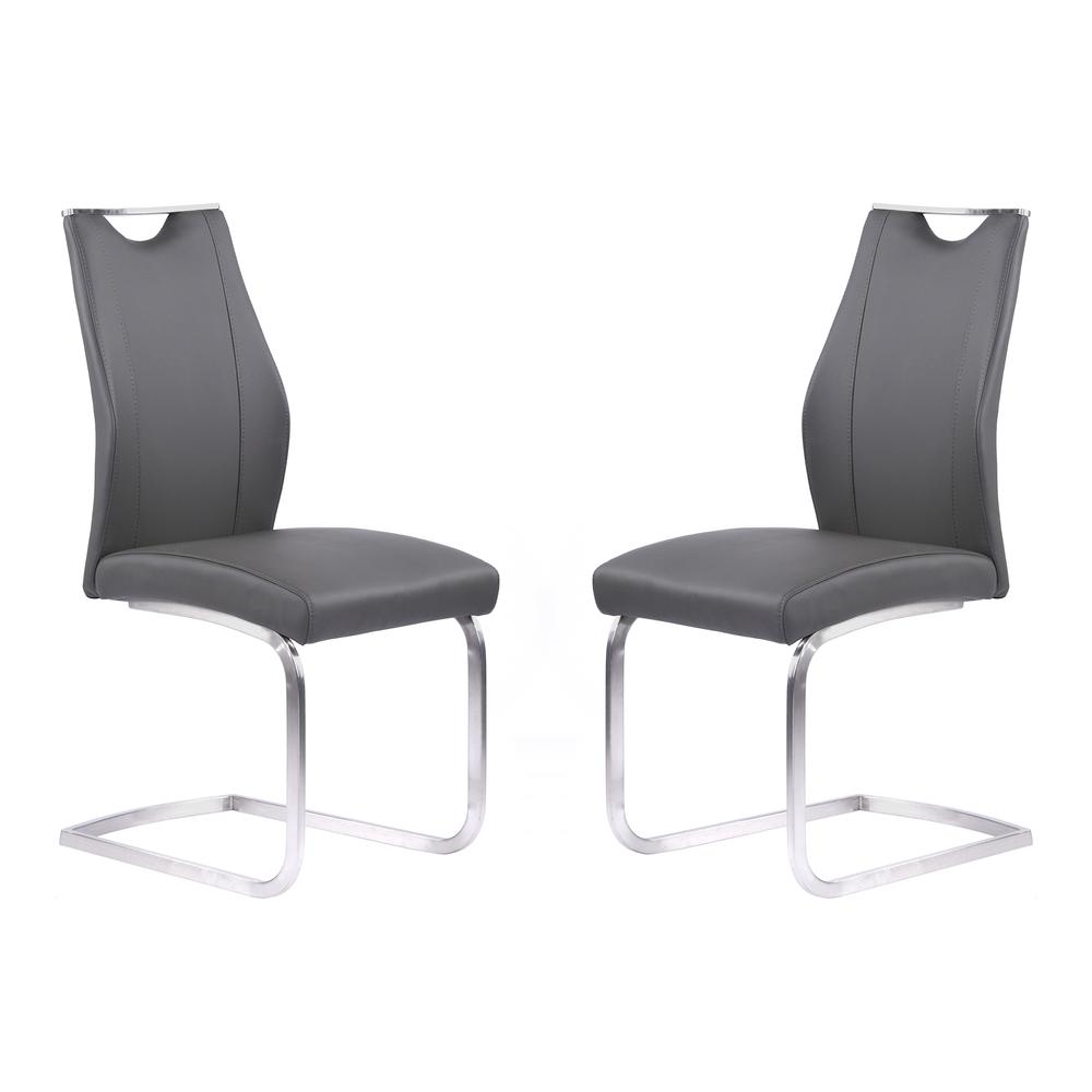 Armen Living Bravo Contemporary Dining Chair in Gray Faux Leather and Brushed Stainless Steel Finish - Set of 2. Picture 1