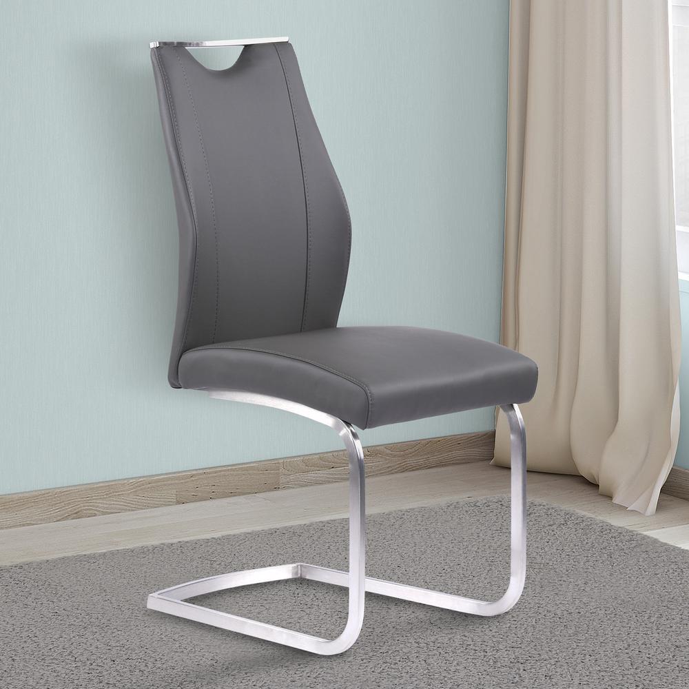 Contemporary Dining Chair in Gray Faux Leather and Brushed Stainless Steel Finish - Set of 2. Picture 7