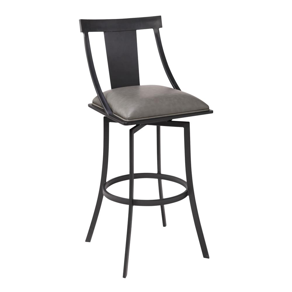 Contemporary 30" Bar Height Barstool in Matte Black Finish and Vintage Grey Faux Leather. Picture 1