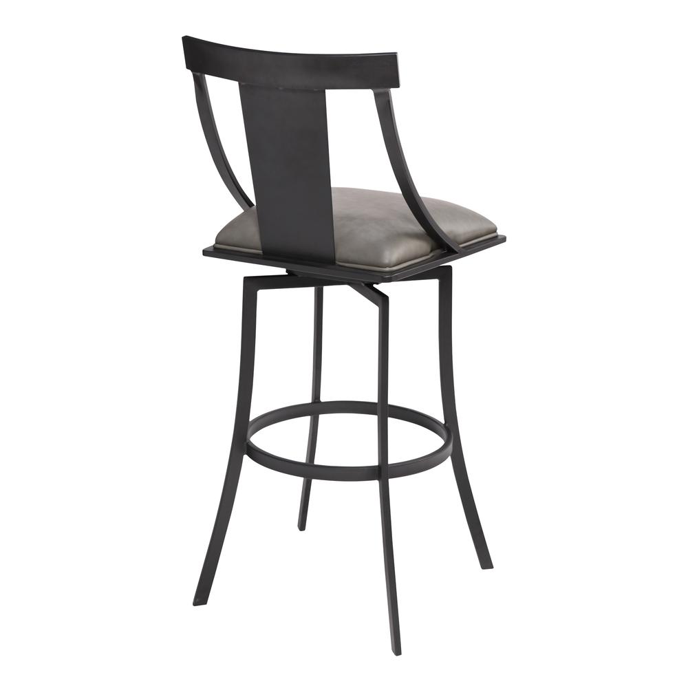 Contemporary 30" Bar Height Barstool in Matte Black Finish and Vintage Grey Faux Leather. Picture 2