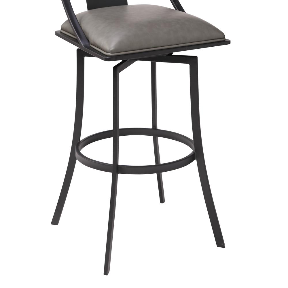Contemporary 30" Bar Height Barstool in Matte Black Finish and Vintage Grey Faux Leather. Picture 5