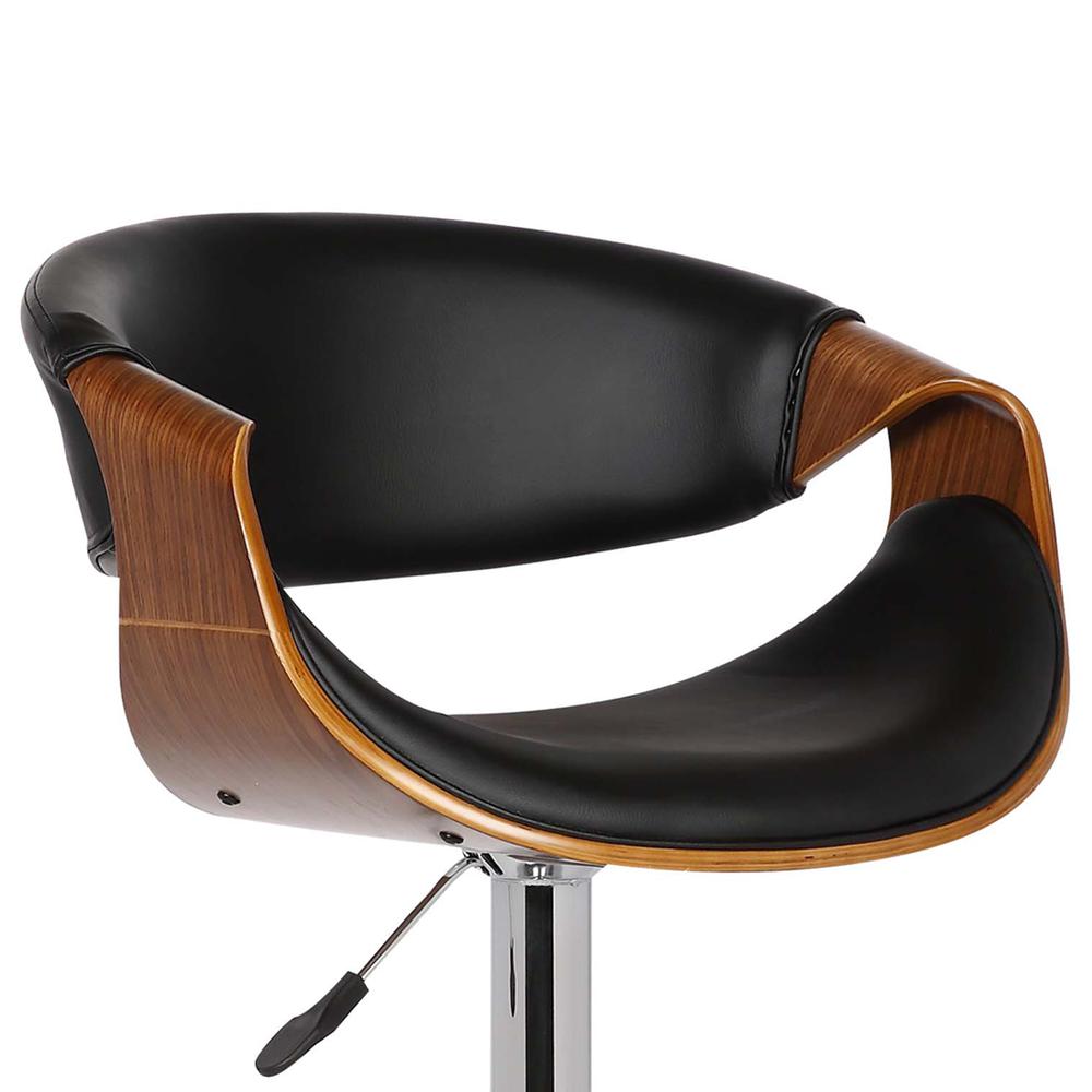 Armen Living Butterfly Adjustable Swivel Barstool in Black Faux Leather with Chrome Finish and Walnut Wood. Picture 4