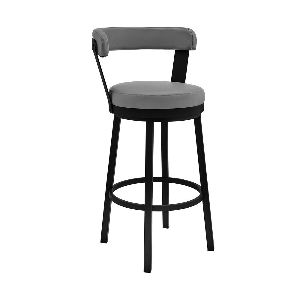 Bryant 26" Counter Height Swivel Bar Stool in Black Finish and Gray Faux Leather. Picture 1
