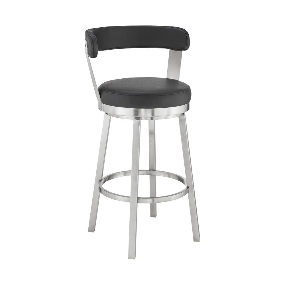 Bryant 26" Counter Height Swivel Bar Stool in Brushed Stainless Steel Finish and Black Faux Leather. Picture 1
