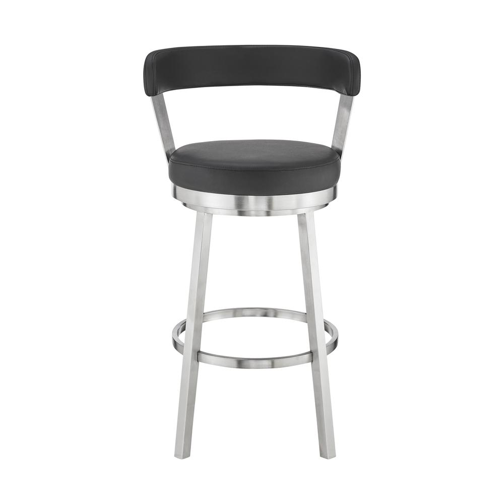 Bryant 26" Counter Height Swivel Bar Stool in Brushed Stainless Steel Finish and Black Faux Leather. Picture 2