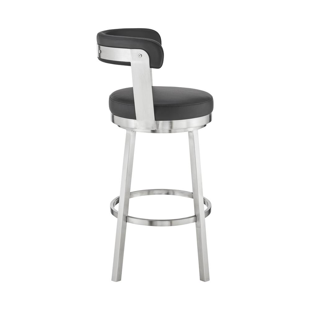 Bryant 26" Counter Height Swivel Bar Stool in Brushed Stainless Steel Finish and Black Faux Leather. Picture 3