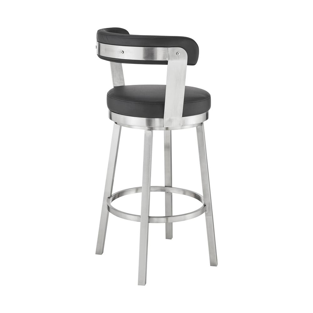 Bryant 26" Counter Height Swivel Bar Stool in Brushed Stainless Steel Finish and Black Faux Leather. Picture 4