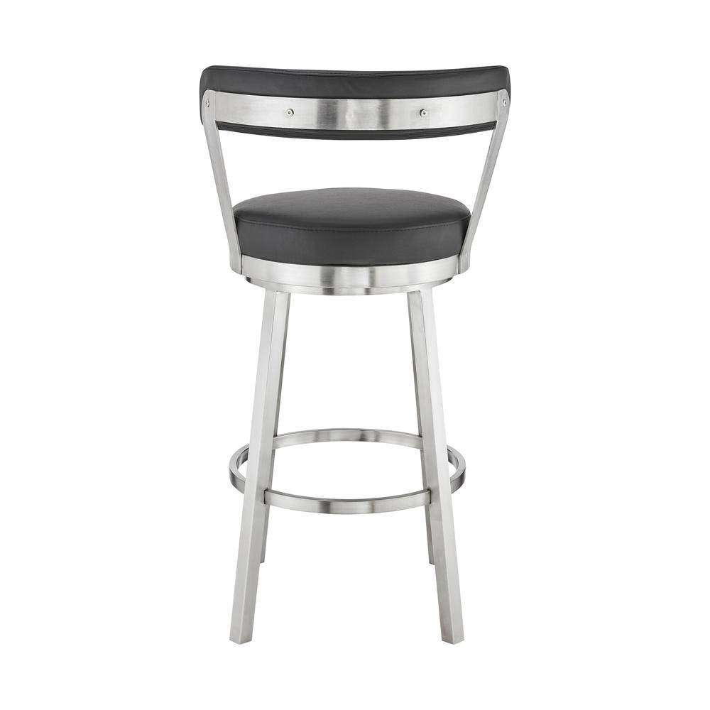 Bryant 26" Counter Height Swivel Bar Stool in Brushed Stainless Steel Finish and Black Faux Leather. Picture 5