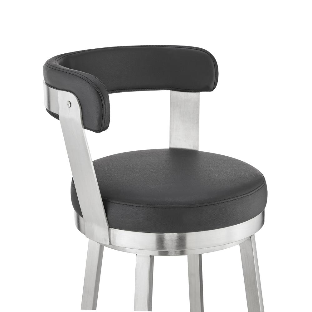 Bryant 26" Counter Height Swivel Bar Stool in Brushed Stainless Steel Finish and Black Faux Leather. Picture 6