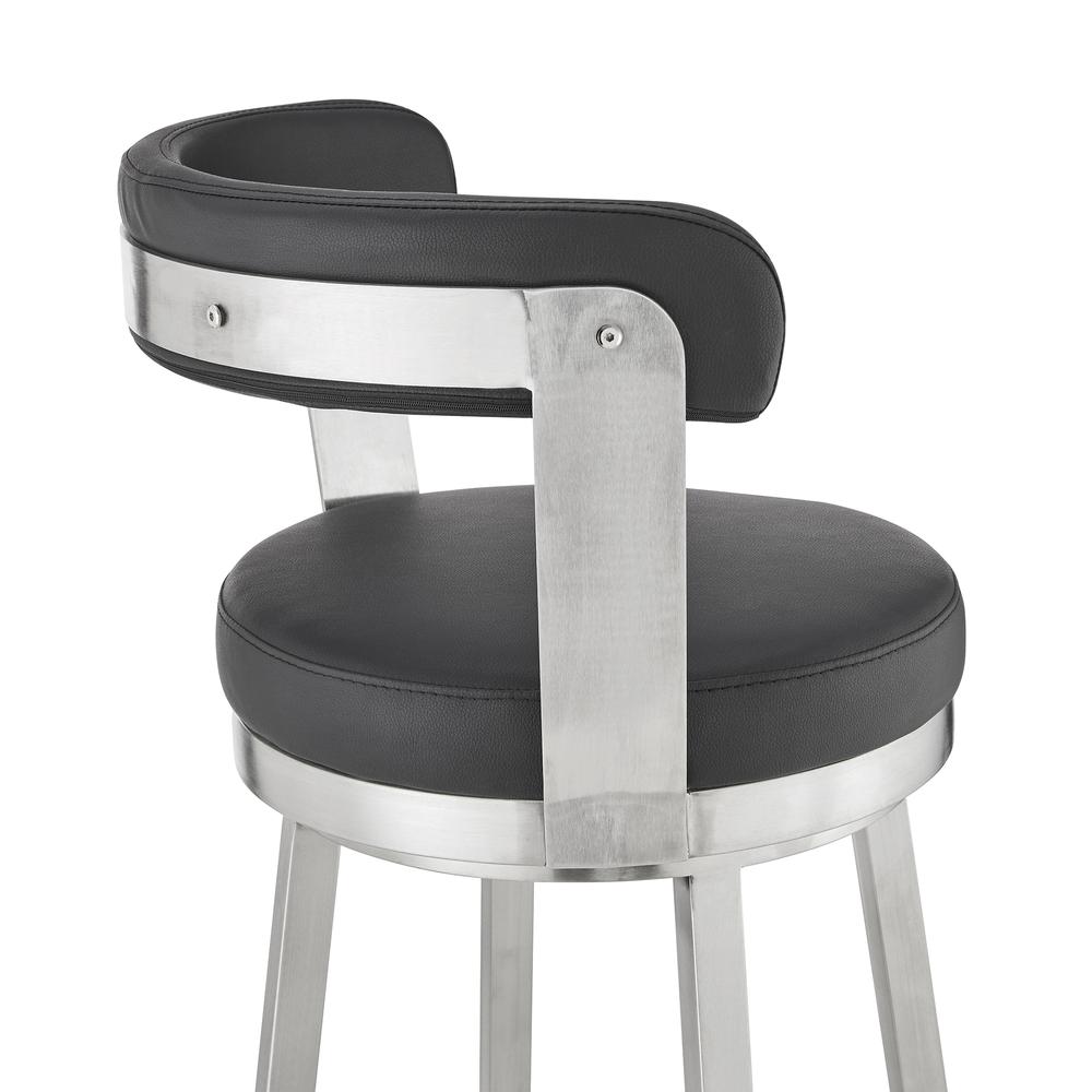 Bryant 26" Counter Height Swivel Bar Stool in Brushed Stainless Steel Finish and Black Faux Leather. Picture 7