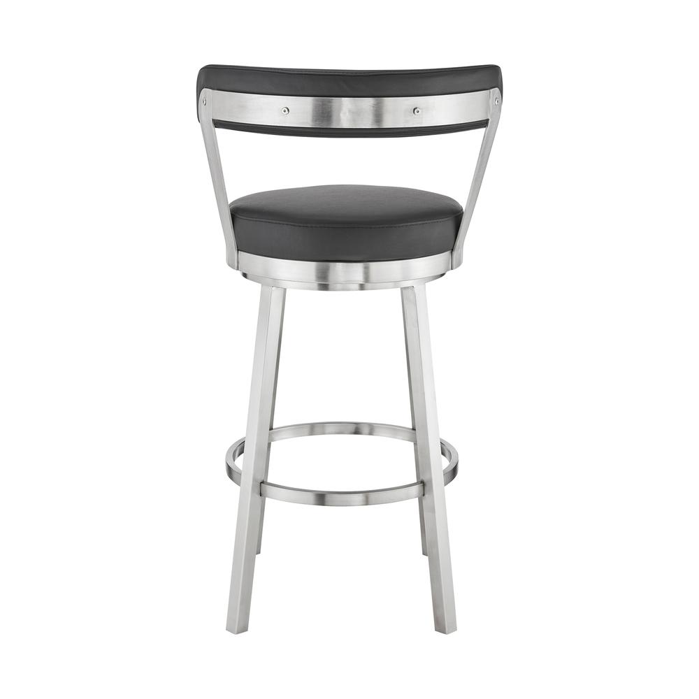 Bryant 30" Bar Height Swivel Bar Stool in Brushed Stainless Steel Finish and Black Faux Leather. Picture 5