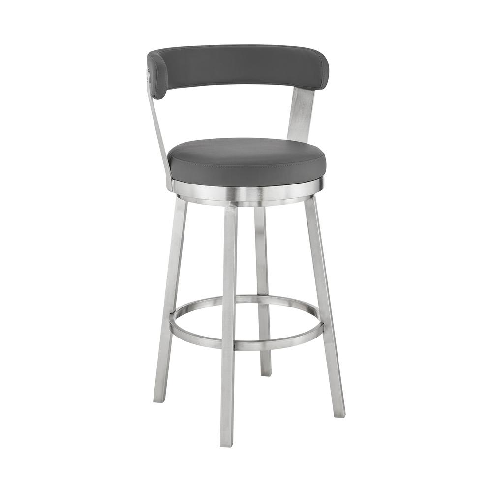 Bryant 26" Counter Height Swivel Bar Stool in Brushed Stainless Steel Finish and Gray Faux Leather. Picture 1