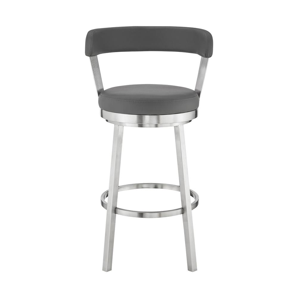 Bryant 26" Counter Height Swivel Bar Stool in Brushed Stainless Steel Finish and Gray Faux Leather. Picture 2