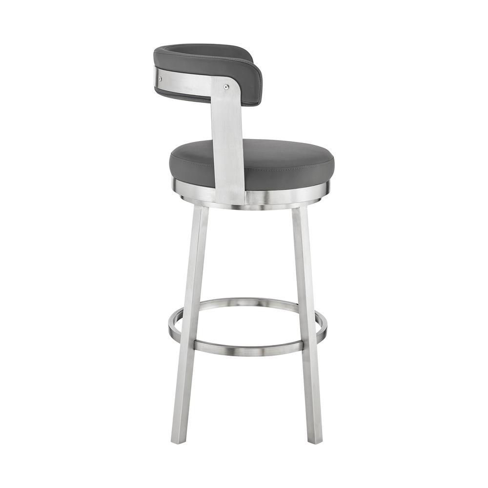 Bryant 26" Counter Height Swivel Bar Stool in Brushed Stainless Steel Finish and Gray Faux Leather. Picture 3