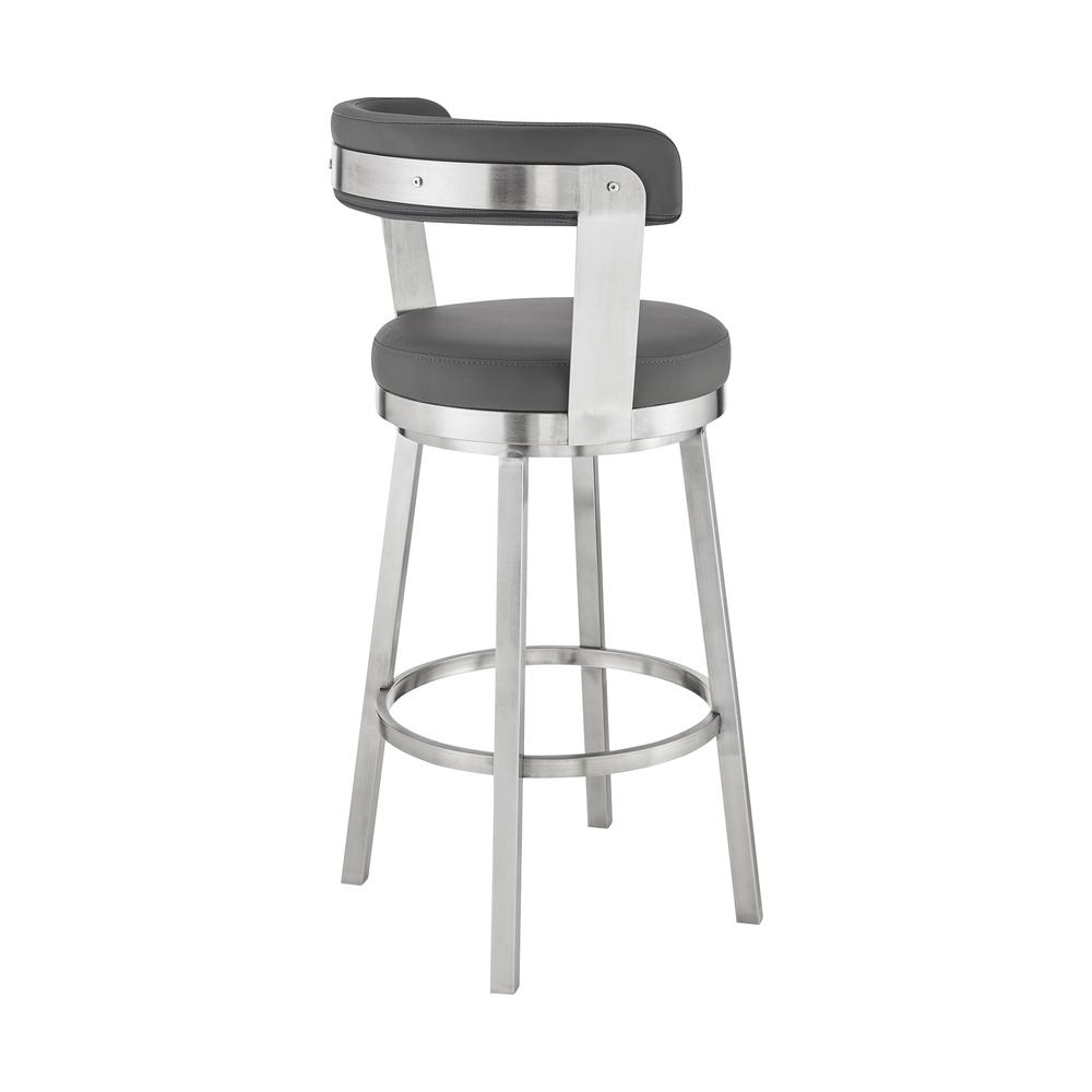 Bryant 26" Counter Height Swivel Bar Stool in Brushed Stainless Steel Finish and Gray Faux Leather. Picture 4