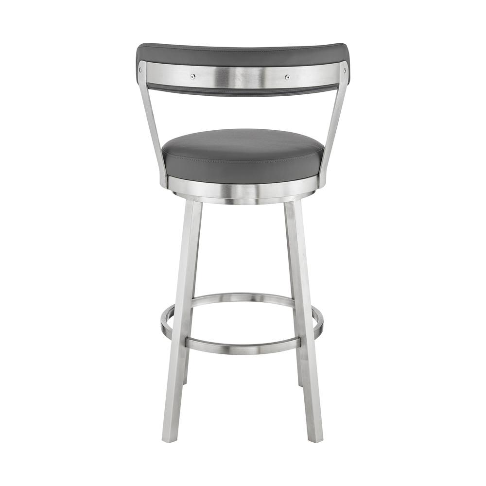 Bryant 26" Counter Height Swivel Bar Stool in Brushed Stainless Steel Finish and Gray Faux Leather. Picture 5