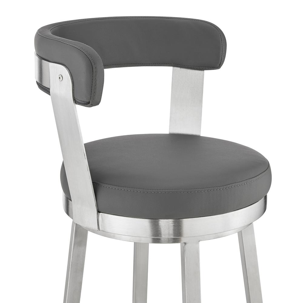 Bryant 26" Counter Height Swivel Bar Stool in Brushed Stainless Steel Finish and Gray Faux Leather. Picture 6
