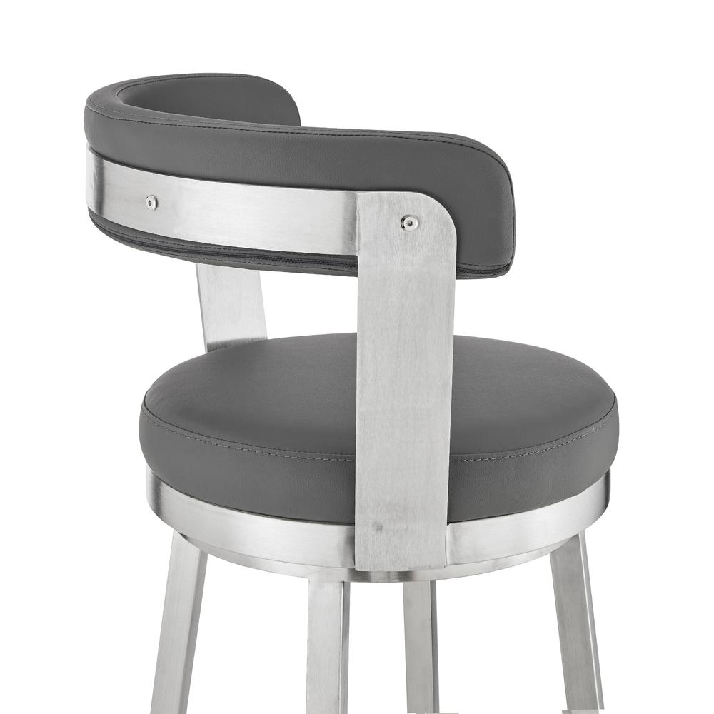 Bryant 26" Counter Height Swivel Bar Stool in Brushed Stainless Steel Finish and Gray Faux Leather. Picture 7