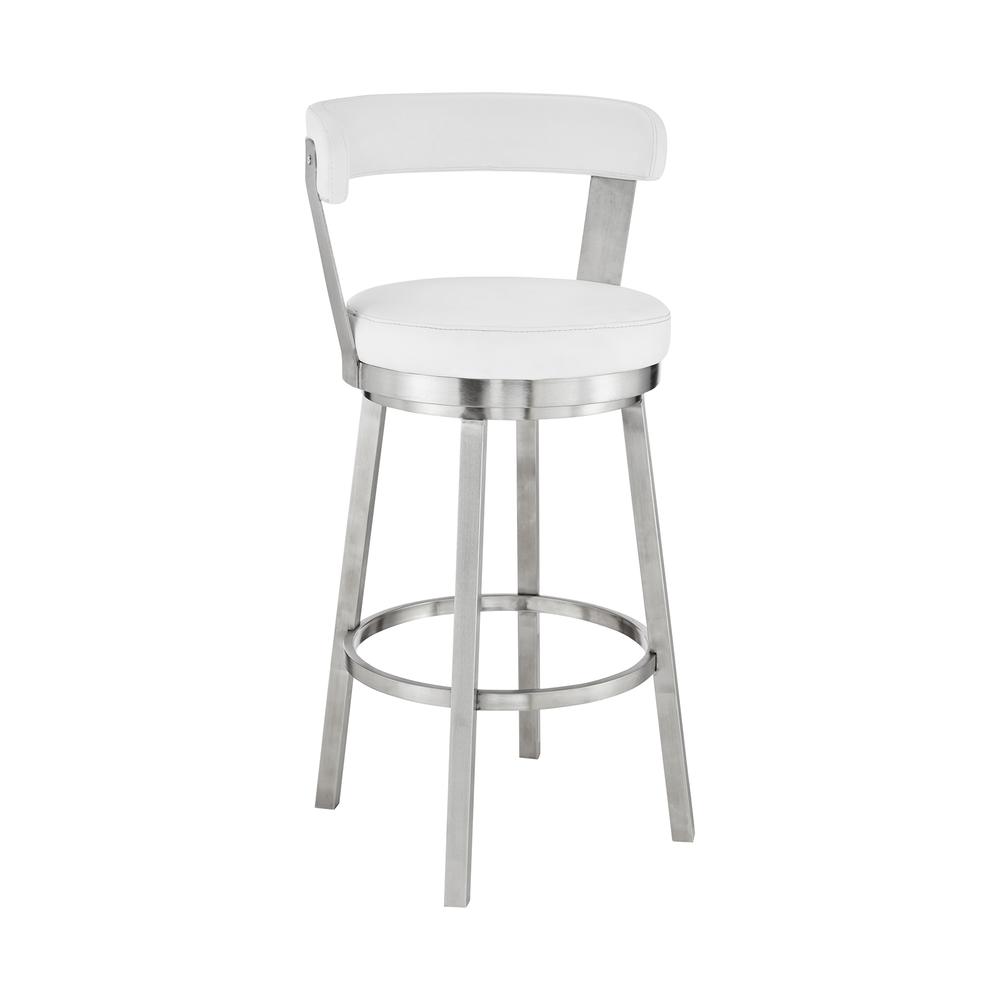 Bryant 26" Counter Height Swivel Bar Stool in Brushed Stainless Steel Finish and White Faux Leather. Picture 1