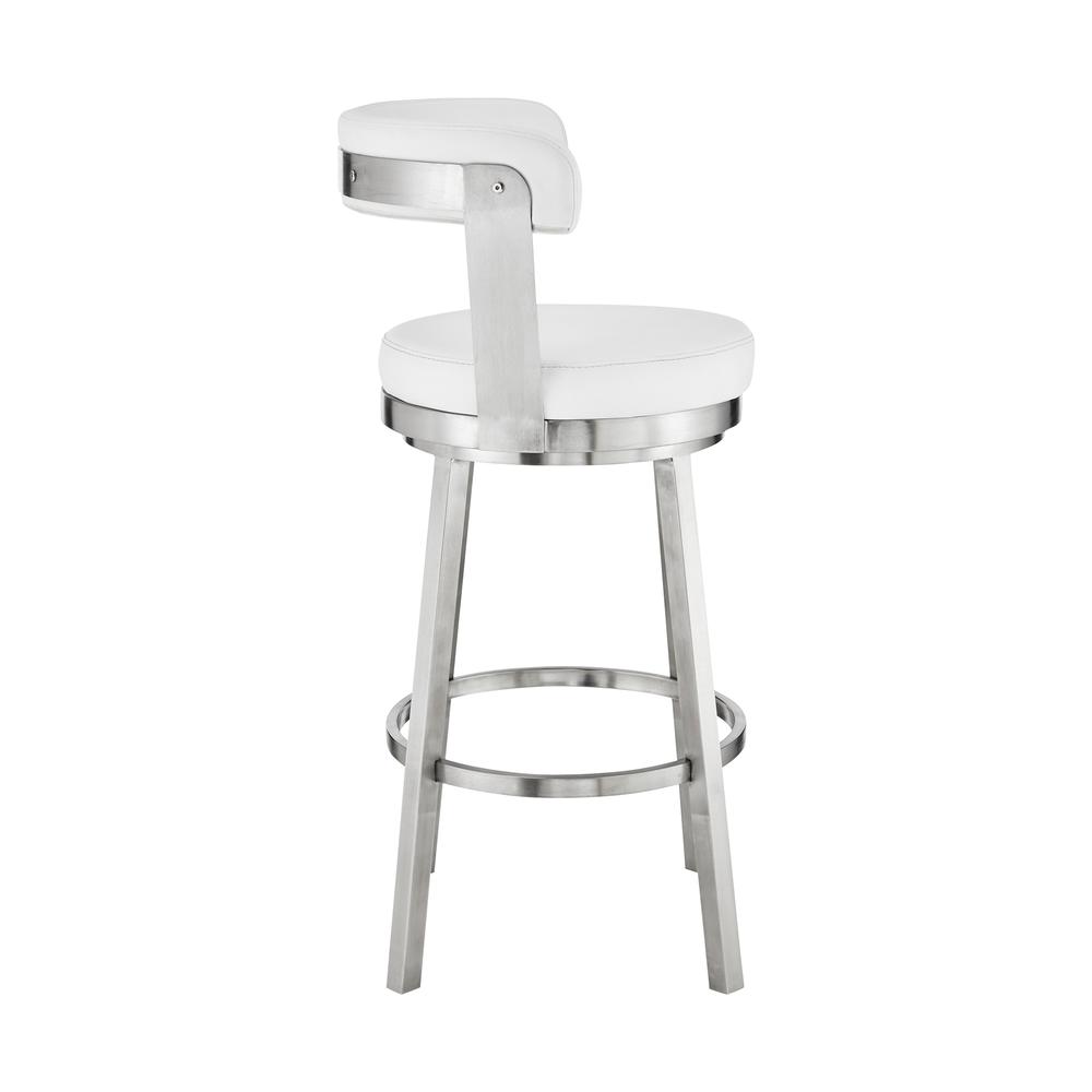 Bryant 26" Counter Height Swivel Bar Stool in Brushed Stainless Steel Finish and White Faux Leather. Picture 3