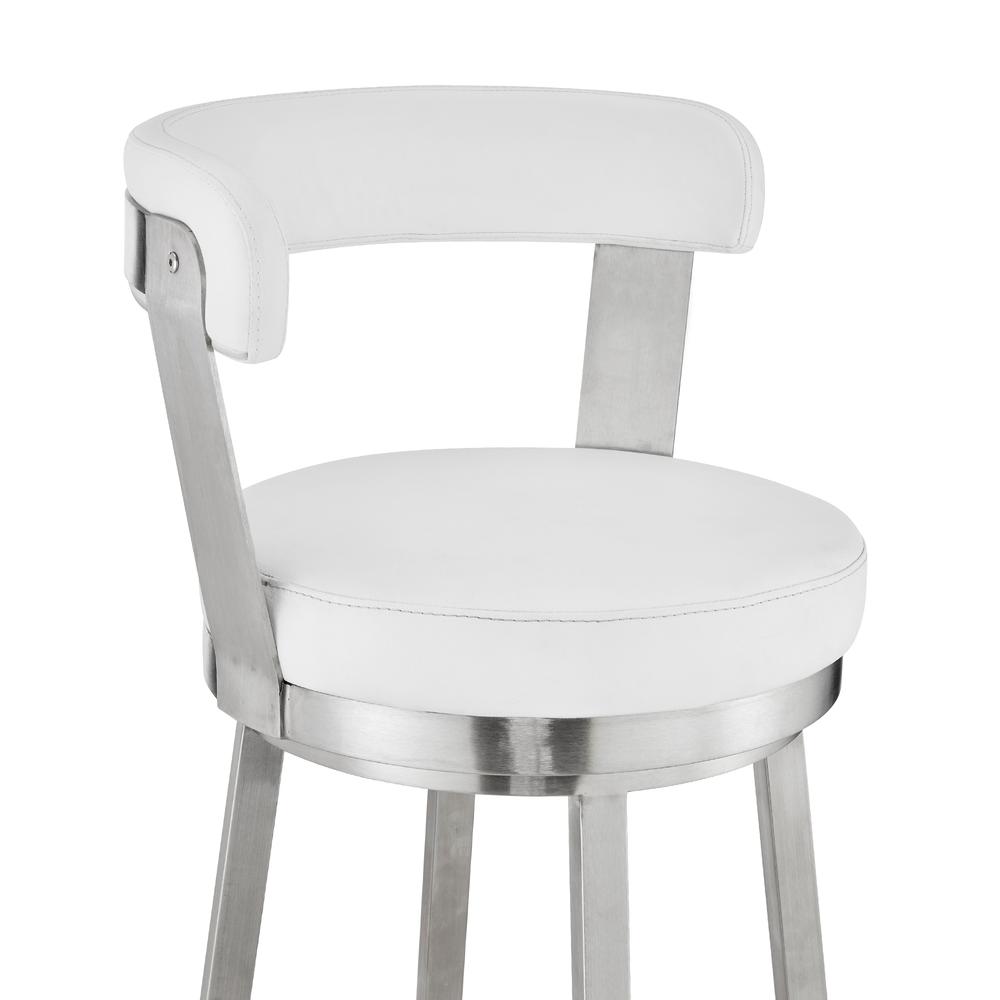 Bryant 26" Counter Height Swivel Bar Stool in Brushed Stainless Steel Finish and White Faux Leather. Picture 6