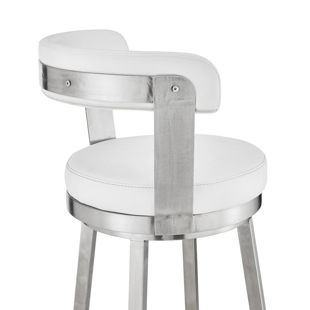 Bryant 26" Counter Height Swivel Bar Stool in Brushed Stainless Steel Finish and White Faux Leather. Picture 7