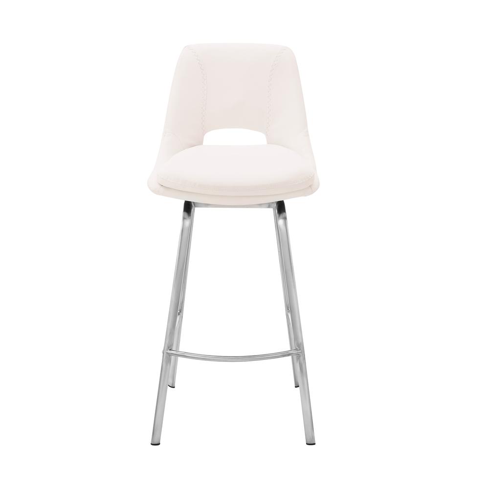 Carise White Faux Leather and Brushed Stainless Steel Swivel 26" Counter Stool. Picture 2