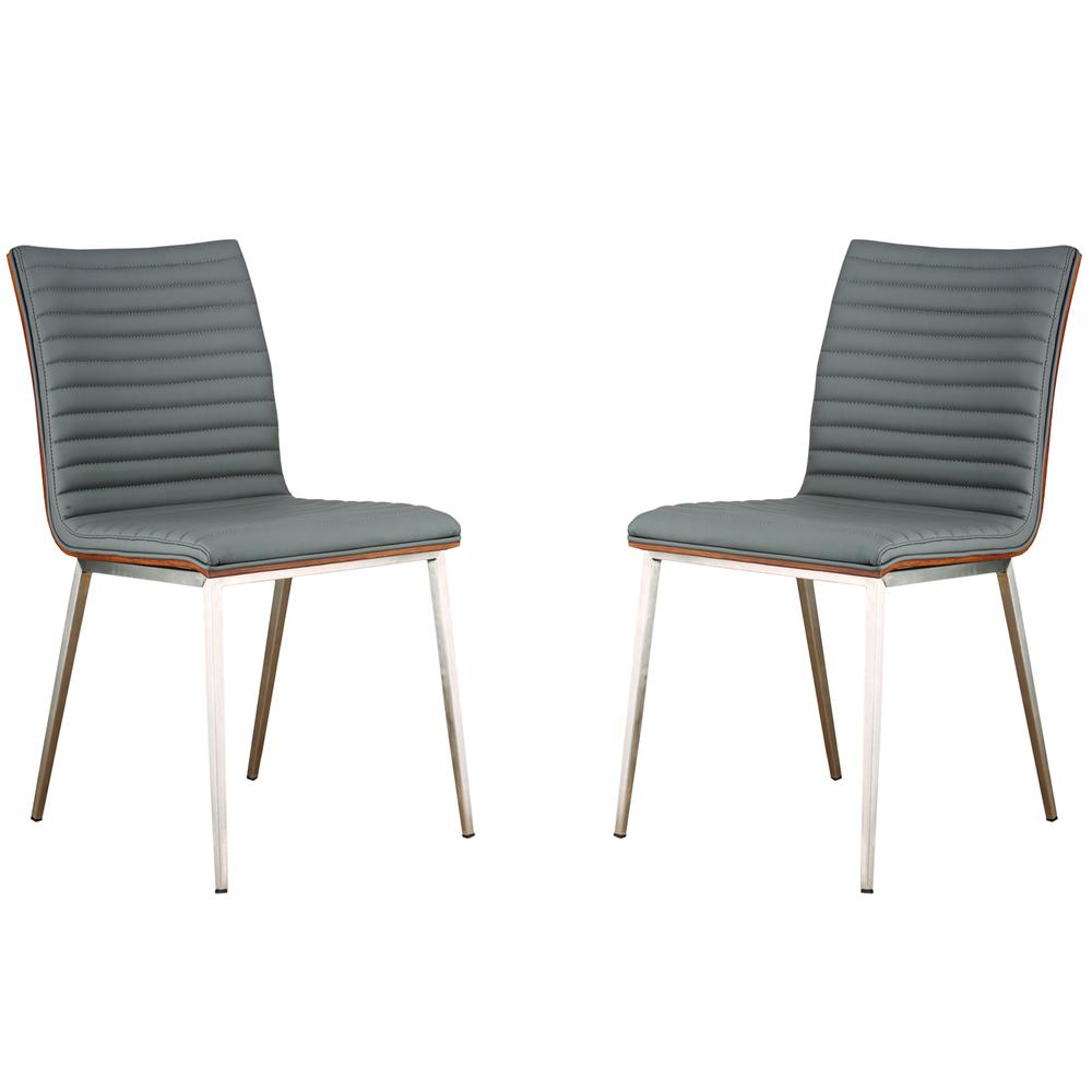 Armen Living Café Brushed Stainless Steel Dining Chair in Gray Faux Leather with Walnut Back - Set of 2. The main picture.