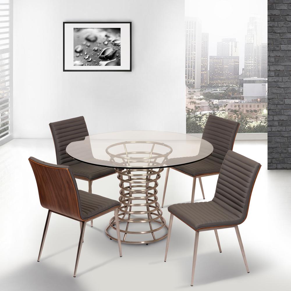 Café Brushed Stainless Steel Dining Chair in Gray Faux Leather with Walnut Back - Set of 2. Picture 5