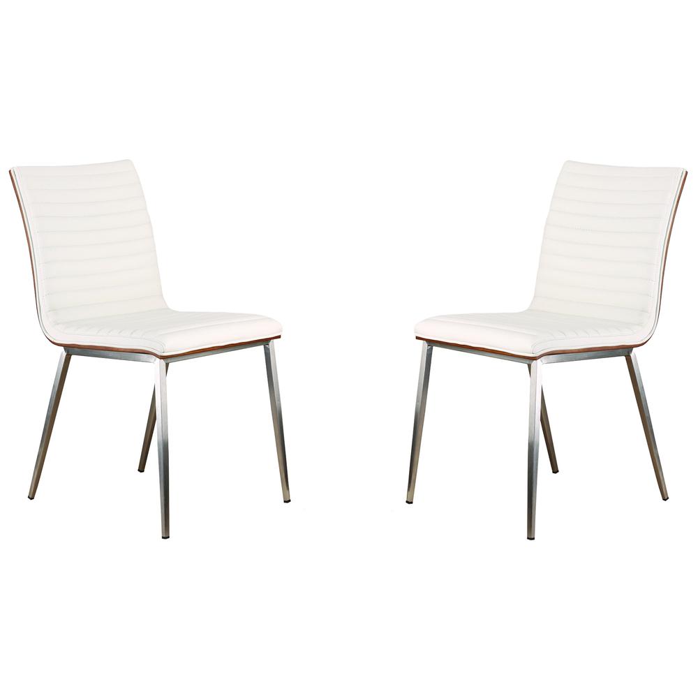 Café Brushed Stainless Steel Dining Chair in White Faux Leather with Walnut Back - Set of 2. Picture 1