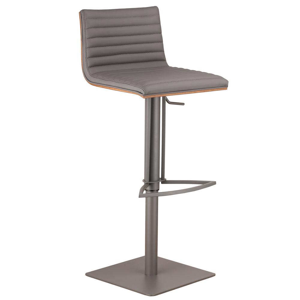 Café Adjustable Gray Metal Barstool in Gray Faux Leather with Walnut Back. Picture 1