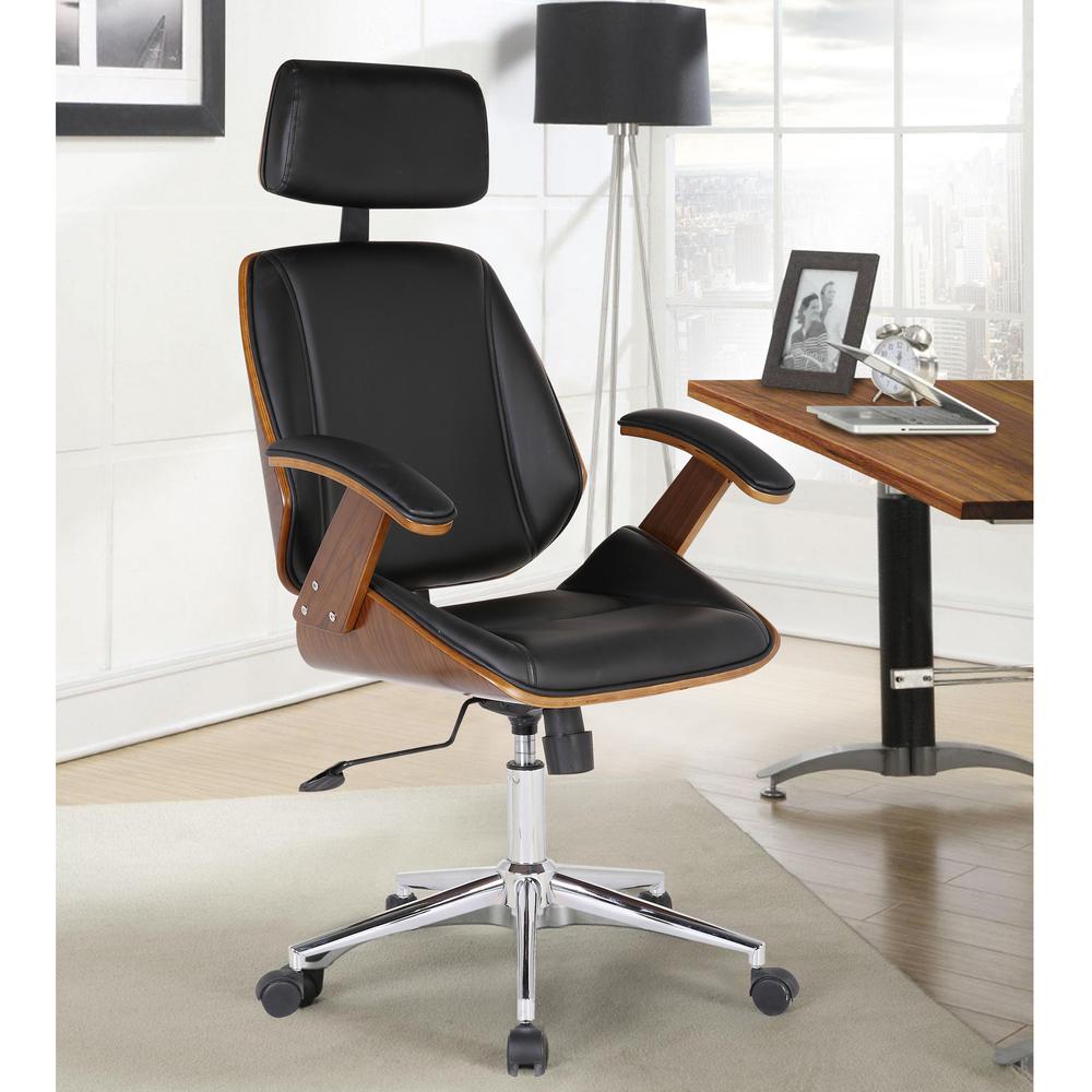 Office Chair with Multifunctional Mechanism in Chrome finish with Black Faux Leather and Walnut Veneer Back. Picture 5