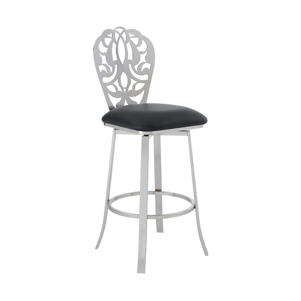 Contemporary 26" Counter Height Barstool in Brushed Stainless Steel Finish - Black Faux Leather. Picture 1